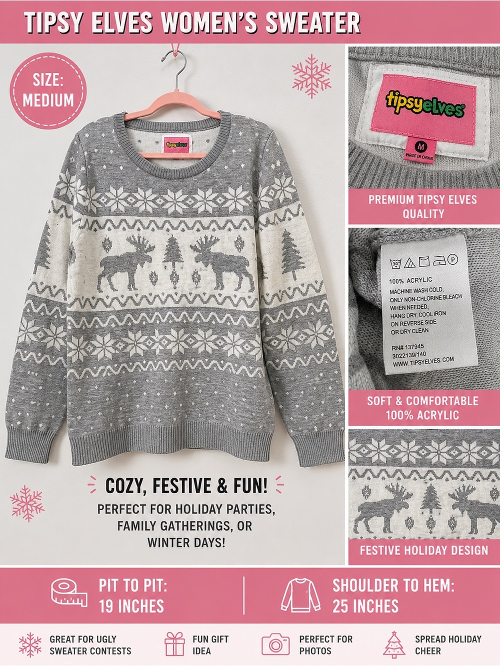 Tipsy Elves Gray and White Fair Isle Print Sweater